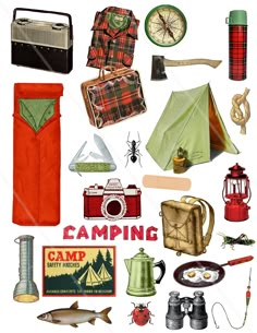 an image of camping related items on a white background with the words camping written below