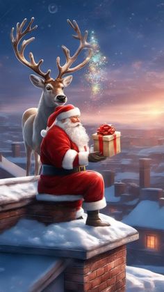 a santa clause sitting on top of a roof holding a present