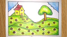 a drawing of a house on a hill with trees and flowers in the foreground