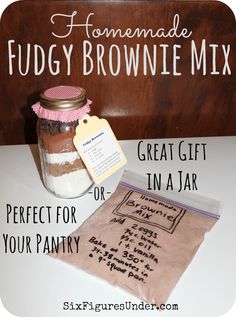 a brownie mix in a jar next to a piece of paper with a tag on it