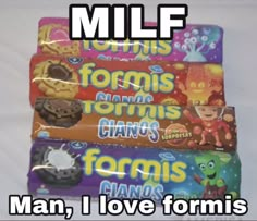 four different flavors of candy are stacked on top of each other with the caption, man, i love forms