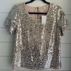 Super Cute And Shiny, Silver And Peach Dressy Too! Glamorous Shimmer Blouse For Spring, Metallic Tops For Festive Summer Occasions, Metallic Top For Festive Summer Events, Summer Festive Metallic Tops, Spring Metallic Sequin Tops, Metallic Sequin Tops For Spring, Spring Evening Blouse With Shimmer, Metallic Tops For Spring Festivals, Metallic Tops For Spring Festive Occasions