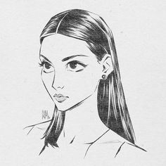 a black and white drawing of a woman's face with long, straight hair