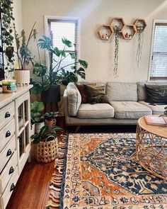 a living room filled with furniture and lots of plants