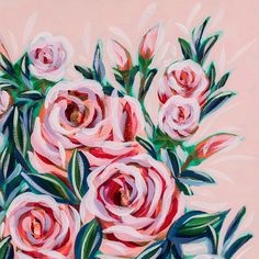 a painting of pink roses with green leaves