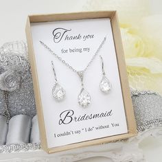 "⚠️⚠️⚠️ PLEASE MAKE SURE TO SEE THE PHOTO TO CHOOSE WHICH MESSAGE CARD NUMBER (#1-30) YOU WOULD LIKE ⚠️⚠️⚠️ SPECIFICATIONS: ♠ For Earrings * Length : 1 \" (Total Length) * Crystal Size : 8 mm * Metal Type : Copper + Rhodium Plated * Material : Crystal ♠ For Necklace * Pendant Length : 7/8 \" (2.2 cm)-Total Length * Crystal Size : 8 mm * Necklace Chain Length : 16' IN + Extension 3\" * Metal Type : Copper + Rhodium Plated * Material : Crystal * The parts that we use to make this jewelry are made Bridesmaids Shirts, Small Silver Earrings, Bridesmaid Necklace Gift, Bridesmaid Gifts Earrings, Shoulder Jewelry, Earrings Necklace Set, Geode Earrings, Bar Stud Earrings, Druzy Crystal