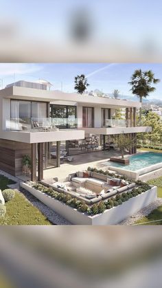 an artist's rendering of a modern house with pool and patio area in the foreground