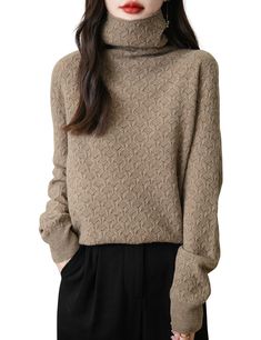 Features: Stay warm and stylish this fall and winter with our Turtleneck Women's Knit Sweater. Made with 100% Merino wool, this sweater is not only soft and comfortable, but also features a unique hollow out design for added visual interest. Perfect for any occasion, this long sleeve top will keep you cozy and on-trend. Elegant Textured Knit Turtleneck For Fall, Elegant Wool Sweater For Winter, Elegant Textured Knit Turtleneck For Winter, Elegant Textured Knit Long Sleeve Turtleneck, Beige Acrylic Sweater For Winter, Winter Beige Acrylic Sweater, Elegant Long Sleeve Textured Knit Turtleneck, Beige Acrylic Winter Sweater, Winter Cashmere Top