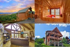 four different pictures of log homes in the woods