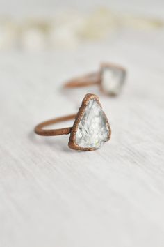 Raw crystal ring quartz with copper band Bohemian Raw Stone Crystal Ring Gift, Bohemian Crystal Ring With Raw Stone As Gift, Bohemian Style Crystal Ring With Raw Stone For Gift, Bohemian Style Raw Stone Crystal Ring, Unique Crystal Ring With Raw Stone For Promises, Earthy Rings, Raw Stone Engagement Rings, Raw Jewelry, Copper Electroforming