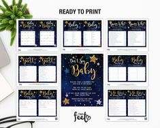 printable baby shower calendars with gold stars and blue sky in the background, ready to print