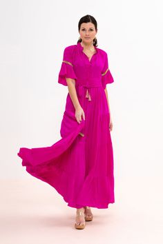 Spring Maxi Dress With Back Tassel Tie-up, Bohemian V-neck Belted Dress, Elegant Fitted Maxi Dress With Tassels, Beach Dress With Tie Waist And Floor-length, Flowy Pink Dress With Tie Waist, Spring Dresses With Back Tassel Tie-up, Pink Flowy Dress With Tie Waist, Chic Belted Rayon Dresses, Elegant Floor-length Maxi Dress With Tassels