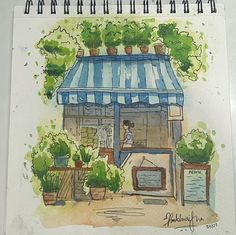 a drawing of a store with potted plants on the outside and a woman standing in front