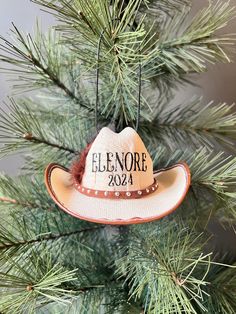 a christmas ornament hanging from a pine tree with the name elenoore on it