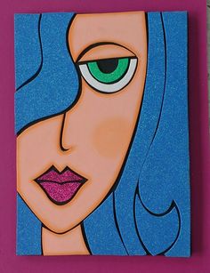 a painting of a woman's face with blue hair and green eyes on a purple background