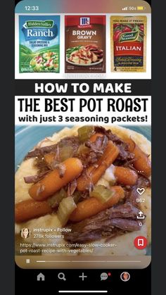 a blue plate topped with mashed potatoes and carrots next to two packets of instant pot roast