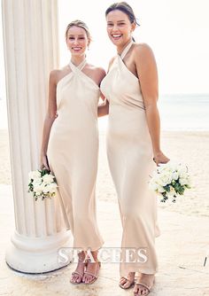 Sheath/Column Halter Sleeveless Ankle-Length Stretch Satin Bridesmaid Dress with Bowknot S7444B - Bridesmaid Dresses - Stacees Halter Bridesmaid Dress, Prom Dresses Long Lace, Formal Parties, 27 Dresses, Lace Beach Wedding Dress, Long Sleeve Prom, Two Piece Homecoming Dress, Prom Dresses Two Piece, Lace Homecoming Dresses