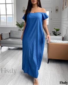 Fisdy - Chic and Comfortable Oversized Off Shoulder Denim Maxi Dress Maxi Pattern, Denim Maxi Dress, Loose Maxi Dress, Denim Maxi, Dress Material, Casual Denim, Dress Materials, Shoulder Sleeve, African Fashion