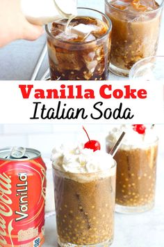 vanilla coke italian soda in two glasses with whipped cream and cherries on the top