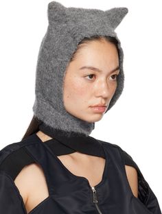 Brushed rib-knit stretch alpaca-blend balaclava in gray. · Graphic appliqués at crown · Button fastening at collar · Logo hardware at back face · Silver-tone hardware Supplier color: Grey Balaclava Knitting Pattern, Knit Balaclava, Knitted Balaclava, Horn, Alpaca, Rib Knit, Silver Tone, Crown, Wool