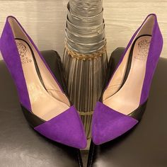 Purple Suede And Black Leather Vince Camuto Heels With Sleek Silver Strip Highlighting The Outer Trimming Of The Heel. New Without The Box Very Fashionable With The Right Outfit. I Can No Longer Wear Closed-Toe Pointy Shoes Since Breaking A Toe. Size 8 With 4 Inch Heels Make An Offer. Elegant Purple Heels For Night Out, Elegant Purple Heels For A Night Out, Chic Purple Leather Heels, Chic Purple Closed Toe Heels, Chic Purple Heels For Night Out, Chic Purple Heels For A Night Out, Elegant Purple Heels For Office, Purple Leather Pointed Toe Heels, Purple Suede High Heel Heels