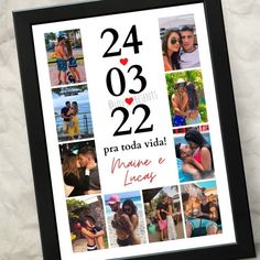 a couple is kissing in front of some pictures with the date and year on them