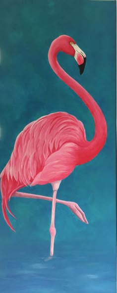 a painting of a pink flamingo standing in the water