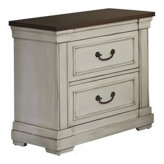 a white dresser with two drawers and a brown top