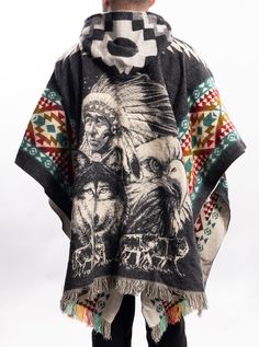 Material: 15% Alpaca wool and 85% acrylic wool.Color: Black and ColorsStyle: Aztek - Mexican StyleSize:Length: 192cm (75")Width: 112 cm (44")It refers to the total measurements of the poncho when it is fully open (like a blanket)Note: Since this product is handmade, it may present slight variations from the pictures.