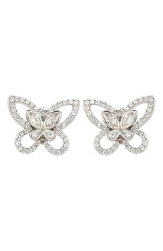 Cubic zirconia stones sparkle along unique cutout details that create a sterling silver butterfly stud earring that is sure to dazzle. Post back Sterling silver/cubic zirconia Imported Butterfly-shaped Cubic Zirconia Earrings For Formal Occasions, Butterfly Cubic Zirconia Earrings For Formal Occasions, Butterfly Cubic Zirconia Earrings For Formal Events, Formal Butterfly Cubic Zirconia Earrings, Formal Butterfly-shaped Cubic Zirconia Earrings, White Gold Butterfly Fine Jewelry Earrings, White Gold Butterfly Earrings Fine Jewelry, Formal Butterfly Diamond Earrings, Silver Butterfly Fine Jewelry Earrings