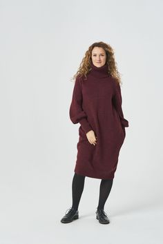 A stylish knitted tunic dress is a solution for your winter wardrobe. Seams are sewn with a sewing machine and handcrafted to give the best quality. We embraced minimalist aesthetics and blended comfort and style in one garment! Subtle tones, clean cuts, and high-quality yarns are built to last and make you look and feel at your best! The knitted fall/winter wool dress is a balloon-shaped style with a turtleneck. Full-length puff sleeves at the end with ribbed cuffs. The dress is a little bit ov Knitted Winter Sweater, Winter Wool Dress, Winter Sweater Dresses, Winter Turtleneck, Woolen Dresses, Wool Sweater Dress, Sweater Dress Oversized, Winter Knit Sweater, Loose Tunic