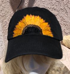 Hand embroidered sunflower cap is a perfect addition to your every day outfit. Felt Cat Toys, Sunflower Hat, Handmade Cat Toys, Pink Awareness, Felt Cat, Awareness Ribbons, Day Outfit, Trucker Cap, Hand Embroidered