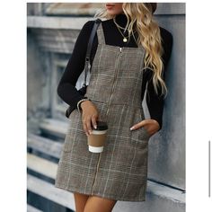 Tartan Plaid O Ring Zipper Overall Dress Without Tee. This Listing Is For The First Color. Other Color Listed Separately. Plaid Overall Dress, Tartan Dress, Short Dresses Casual, Sleeveless Shift Dress, Long Sleeve Shirt Dress, Overall Dress, Dress Outfit, Dressy Casual, Plaid Dress