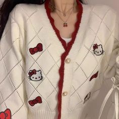 Hello Kitty Cardigan, Sanrio Clothes, Kitty Clothes, Charmmy Kitty, Hello Kitty Clothes, Hello Kitty Items, Patterned Cardigans, 90s Grunge, Printed Cardigan