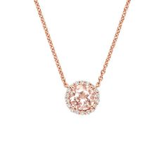 Morganite Halo Diamond Pendant - 14K Rose Gold Engagement Ring - 14K Rose Gold. Sparkling pavé-set diamond accents encircle a sparkling morganite in this elegant pendant (1/6 total carat weight). Elegant Pink Diamond Necklace With Accents, Elegant Round Cut Morganite Jewelry, Yellow Gold Morganite Jewelry With Diamond Accents, Elegant Yellow Gold Morganite Jewelry, Pink Gold Diamond Jewelry With Brilliant Cut, Formal Rose Gold Diamond Necklace With Gemstone, Elegant Morganite Jewelry, Rose Gold Diamond Necklace With Gemstone For Formal Occasions, Morganite Halo Design Jewelry For Formal Occasions