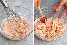 two pictures showing how to make pasta in a glass bowl with a whisk