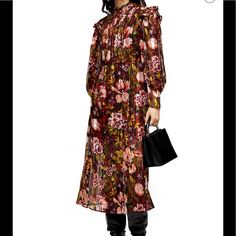 Create The Autumnal Side Or Printed Pieces With This Fallen Floral Jacquard Midi Dress. Designed With Rich Browns And Seasonal Shades, This Ensemble Is Perfect For Looking Luxurious And Stylish Accented With Easy-Moving Pleats And Ravishing Ruffles 100% Polyester. Machine Wash. Approx Measurements Waist 13.5”. Pit To Pit 17” Pink Midi-length Dress For Fall, Multicolor Midi Dress For Fall Date Night, Multicolor Midi Dress For Date Night In Fall, Pink Fall Maxi Dress, Pink Ruffled Maxi Dress For Fall, Feminine Pink Floral Dress For Fall, Pink Daywear Dress For Fall, Pink Fall Daywear Dress, Floral Party Dress For Fall