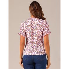 Crafted with soft and stretchy material, and printed with cute ditsy floral patterns, this chiffon top is perfect for ladies, teens, and girls. This pretty floral blouse has a relaxed-fit silhouette and flounces at the front, which highlights your charm. A ruffled frill neck and ruffle short sleeves with elastic cuffs would give an elegant and fashionable style. Perfectly paired with any pants or jeans for a casual look. Mock Neck Blouse, Women's Blouses, Chiffon Ruffle, Ruffle Shorts, Hem Style, Mock Turtleneck, Floral Print Blouses, Polka Dot Blouse, Summer Top