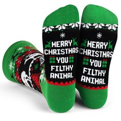 Step up your holiday sock game with these funny Christmas sweater style socks! These festive socks boast a classic Nordic sweater-style knit pattern featuring Christmas trees, presents, and a cheeky surprise if you look closely! On the bottoms, you'll find a saying that'll light up any Christmas movie buff: "Merry Christmas You Filthy Animal"! Looking for a fun stocking stuffer? These socks are the perfect gift for anyone with a great sense of humor. They'll love sporting them all season long - Fun Christmas Gift Socks, Novelty Christmas Gift Socks, Green Novelty Socks For Winter, Novelty Winter Socks For Gift, Novelty Winter Socks As Gift, Novelty Winter Socks For Gifts, Novelty Socks For Winter Gift, Sweet But Twisted, Ugly Sweater Contest