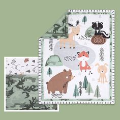 two baby blankets with animals and trees on them, one is white and the other is green