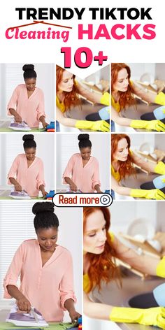 a woman in pink shirt and yellow gloves doing various tasks on her laptop computer with text overlay reading trendy tiktok cleaning hacks 10 +