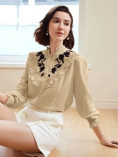 LINEN CONTRAST EMBROIDERY FLORAL SHIRRED FRILL MOCK NECK FLARE SLEEVE BLOUSE Camel Elegant  Long Sleeve Linen Floral,Plain,Plants Top Non-Stretch  Women Clothing, size features are:Bust: ,Length: ,Sleeve Length: Backless Shoes, Punk Woman, Puff Sleeve Blouse, Sweater Set, Kids Sleepwear, Flared Sleeves, Inspiration Mode, Floral Embroidery, Women Clothes Sale