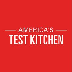 the words america's test kitchen are in white letters on a red background,