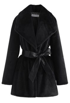 Faux Fur PU Leather Belted Coat in Black - Retro, Indie and Unique Fashion Chic Black Fur Coat With Faux Fur Trim, Chic Winter Faux Fur Coat, Chic Faux Fur Winter Coat, Chic Winter Fur Coat With Faux Fur Lining, Chic Faux Fur Coat For Fall, Chic Faux Fur Outerwear For Winter, Chic Faux Fur Winter Outerwear, Chic Long Faux Fur Coat, Trendy Workwear Fur Coat With Faux Fur Lining