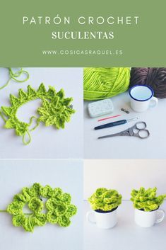 crochet instructions for potholders and mugs with yarn, scissors and thread