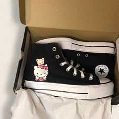 Black All Star Platform Converse Super Cute Hello Kitty Print On The Side Brand New In The Box Never Worn Price Firm Buy On Vinted For 150- Just Ask :) Cute Black Converse, All Star Aesthetic, Vinted App, Shoes Hello Kitty, Hot Topic Shoes, Cute Converse Shoes, Hello Kitty Print, All Star Platform, Hello Kitty Vans