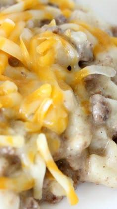 a close up of a plate of food with meat and cheese covered in gravy