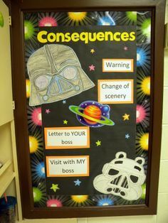 a bulletin board with an image of a helmet and space shuttle on it's side