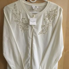 Kate Hill Nwt Long Sleeve Ecru Cardigan With Floral Cut Outs Nwt, Size L, Excellent Condition Originally $54 Elegant Crew Neck Cotton Cardigan, Elegant Cotton Crew Neck Cardigan, Gold Cardigan, Kate Hill, Short Sleeve Sweater Cardigan, White Knit Cardigan, Sparkly Sweater, Cream Cardigan, Merino Wool Cardigan