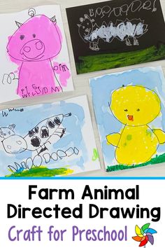 four farm animals drawn on paper with the words farm animal directed drawing craft for preschool